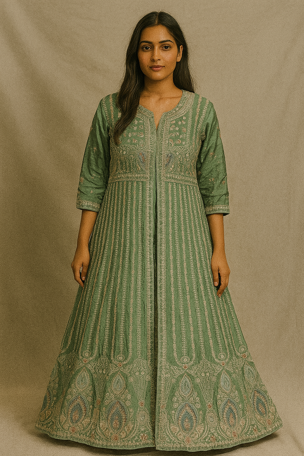 Olive Green Anarkali Suit with Intricate Embroidery Design